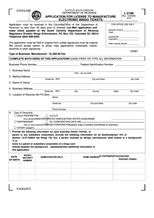 Form L-2168 - Application For License To Manufacture Electronic Bingo Tickets Printable pdf