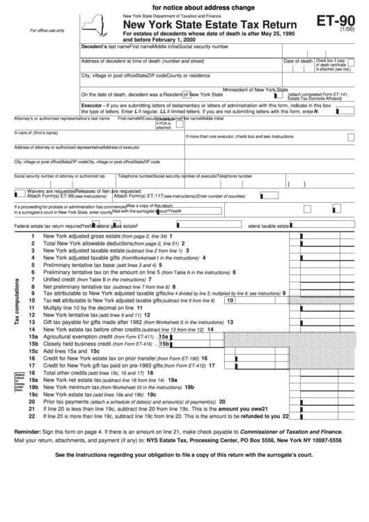 Form Et-90 - New York State Estate Tax Return Printable pdf
