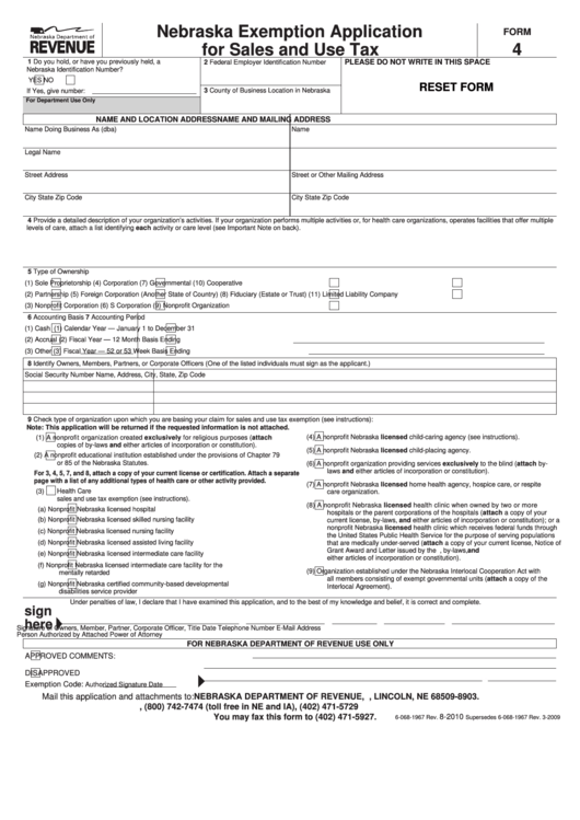 Fillable Form 4 - Nebraska Exemption Application For Sales And Use Tax Printable pdf