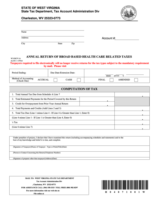 Fillable Form Wv/hcp-3a - Annual Return Of Broad Based Health Care Related Taxes Printable pdf