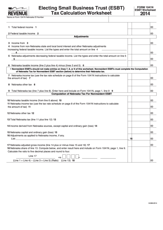 Fillable Form 1041n - Nebraska Electing Small Business Trust (Esbt) Tax Calculation Worksheet - 2014 Printable pdf