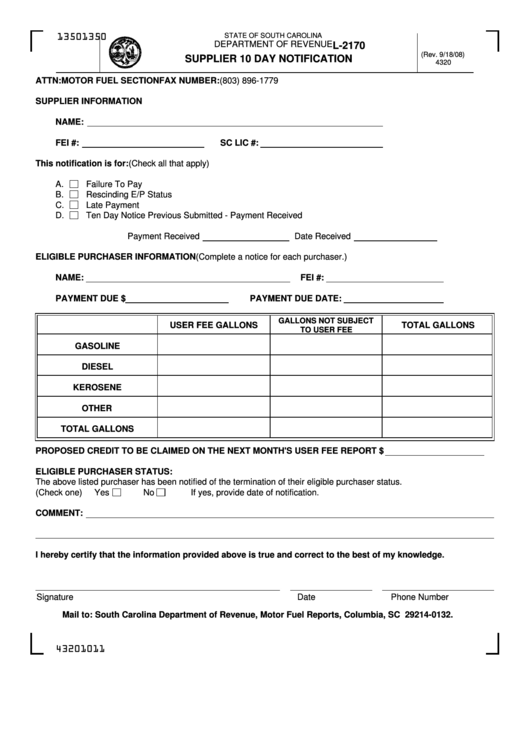 Form L-2170 - Supplier 10 Day Notification Printable pdf