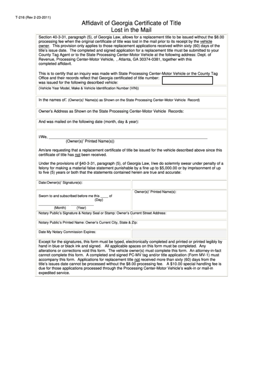 Fillable Form T-216 - Affidavit Of Georgia Certificate Of Title Lost In The Mail Printable pdf