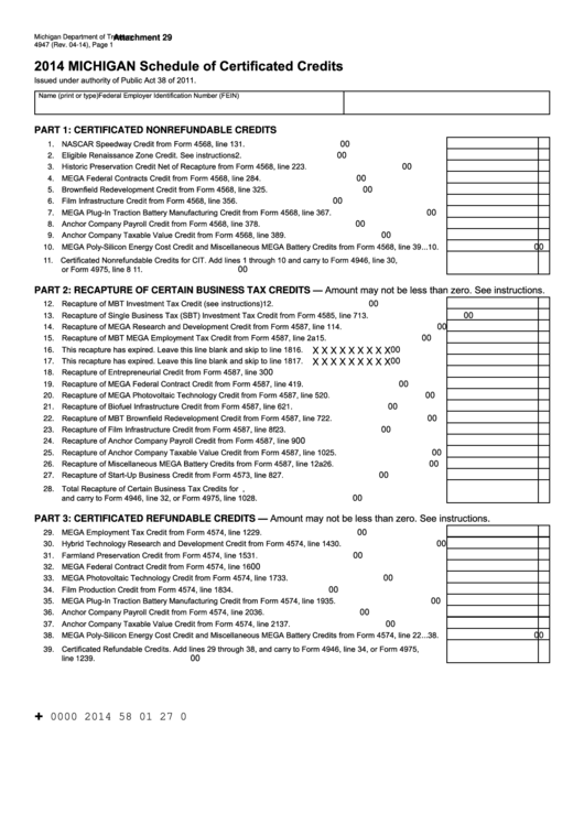 Form 4947 - Michigan Schedule Of Certificated Credits - 2014 Printable pdf