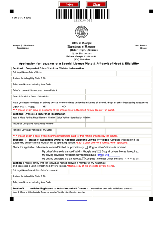 Fillable Form T-215 - Application For Issuance Of A Special License Plate & Affidavit Of Need & Eligibility Printable pdf