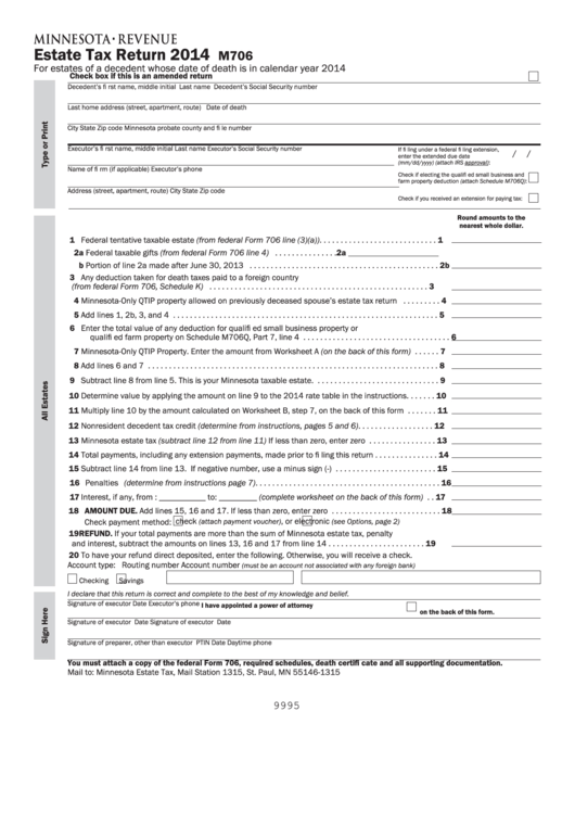 Fillable Form M706 - Minnesota Estate Tax Return - 2014 Printable pdf