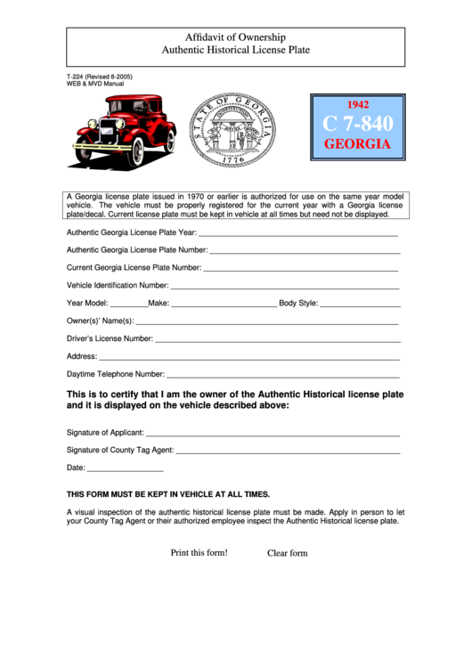 Fillable Form T-224 - Affidavit Of Ownership Authentic Historical License Plate Printable pdf