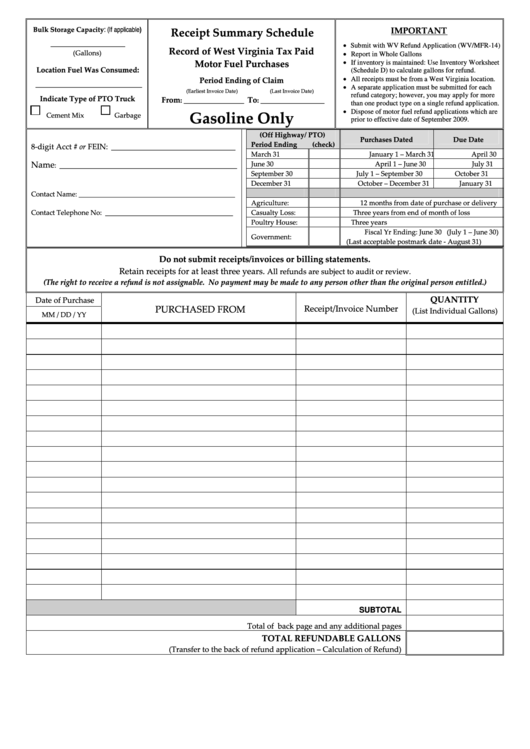 Fillable Receipt Summary Schedule - Record Of West Virginia Tax Paid Motor Fuel Purchases - Gasoline Only Printable pdf