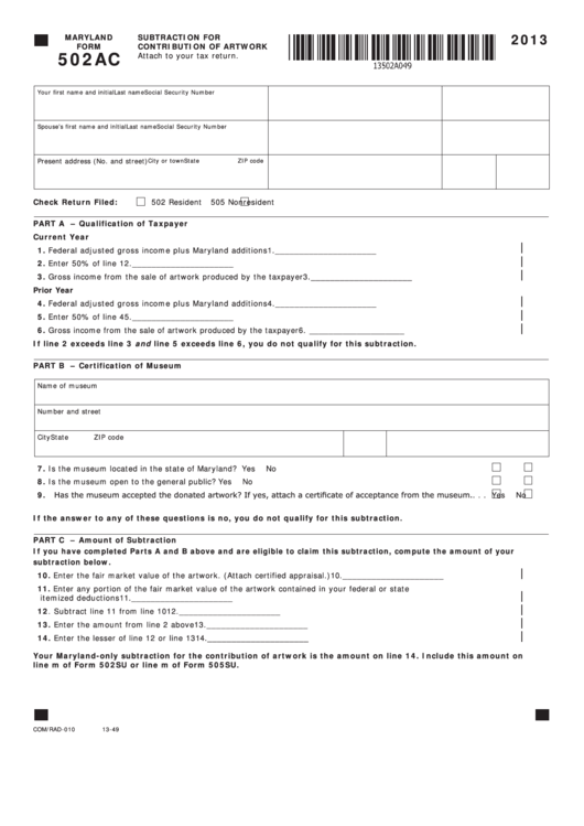 Fillable Maryland Form 502ac - Subtraction For Contribution Of Artwork - 2013 Printable pdf