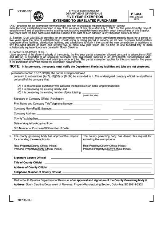Form Pt-444 - Five Year Exemption Extended To Unrelated Purchaser Printable pdf