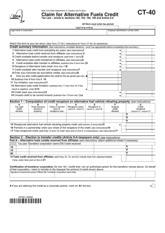 Form Ct-40 - Claim For Alternative Fuels Credit - 2014 Printable pdf