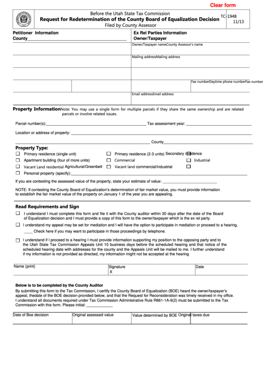 Fillable Form Tc-194b - Request For Redetermination Of The County Board Of Equalization Decision Printable pdf