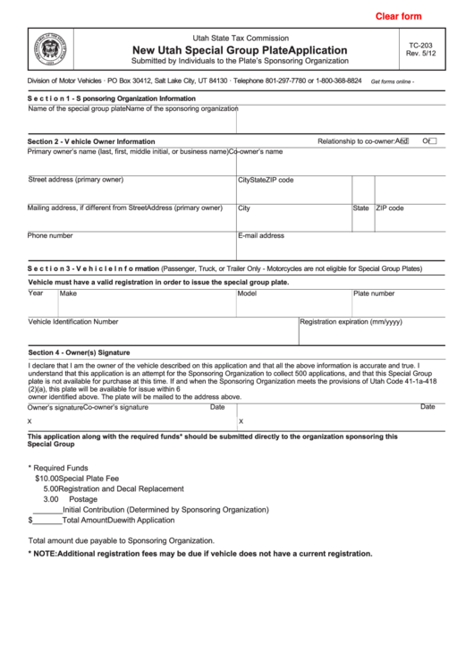 Fillable Form Tc-203 - New Utah Special Group Plate Application Printable pdf