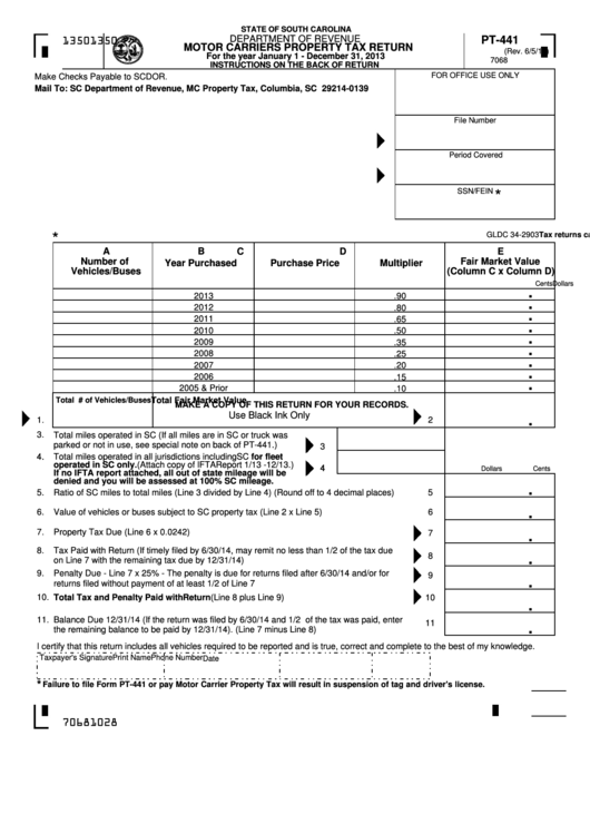 Form Pt-441 - Motor Carriers Property Tax Return Printable pdf