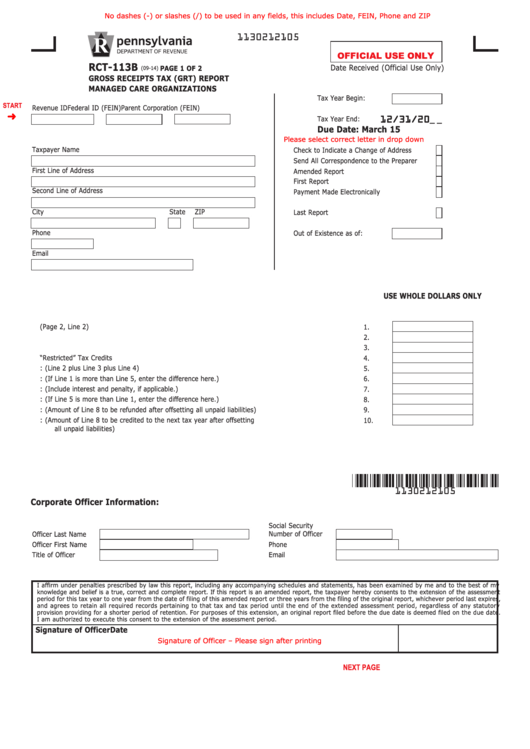 Fillable Form Rct-113b - Gross Receipts Tax (Grt) Report - Managed Care Organizations Printable pdf