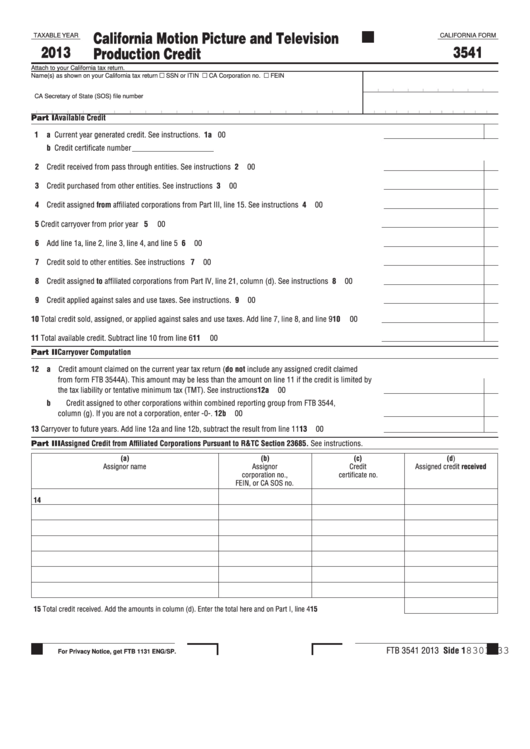Fillable California Form 3541 - California Motion Picture And Television Production Credit - 2013 Printable pdf
