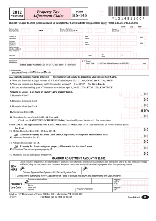Form Hs-145 - Vermont Property Tax Adjustment Claim - 2012 Printable pdf