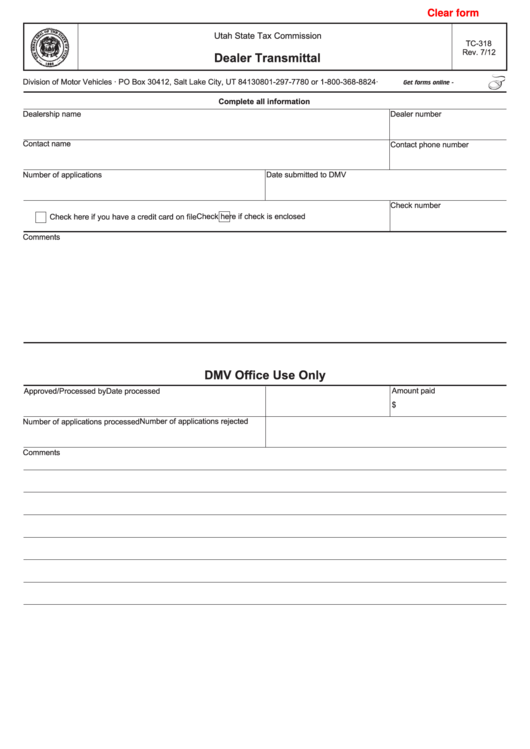 Fillable Form Tc-318 - Dealer Transmittal Printable pdf