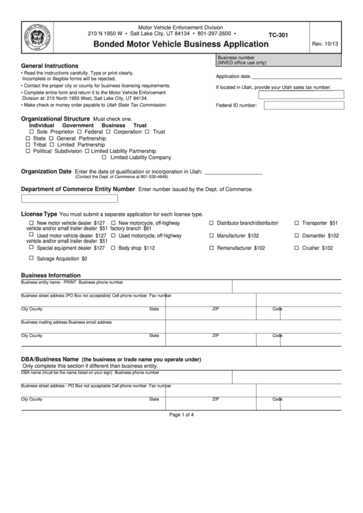 Fillable Form Tc-301 - Bonded Motor Vehicle Business Application Printable pdf