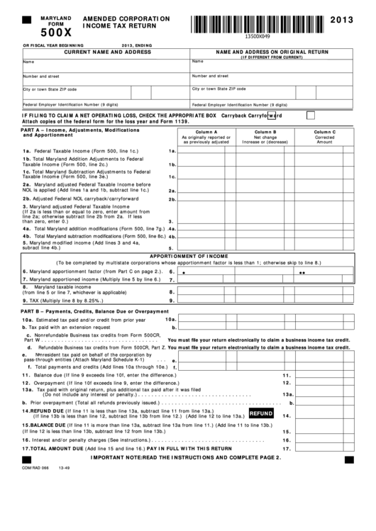 Fillable Maryland Form 500x - Amended Corporation Income Tax Return - 2013 Printable pdf
