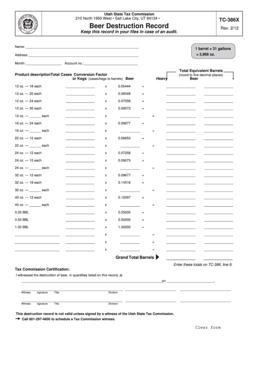 Fillable Form Tc-386x - Beer Destruction Record Printable pdf