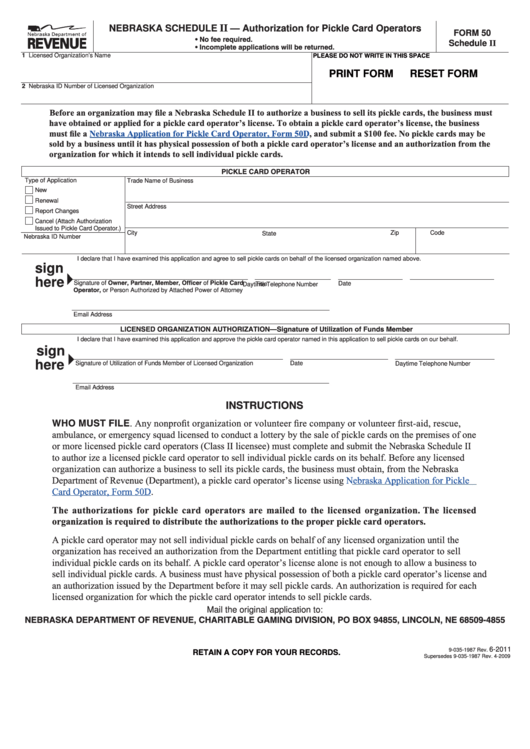 Fillable Form 50 - Nebraska Schedule Ii - Authorization For Pickle Card Operators Printable pdf