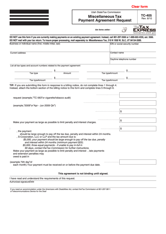 Fillable Form Tc-405 - Miscellaneous Tax Payment Agreement Request Printable pdf