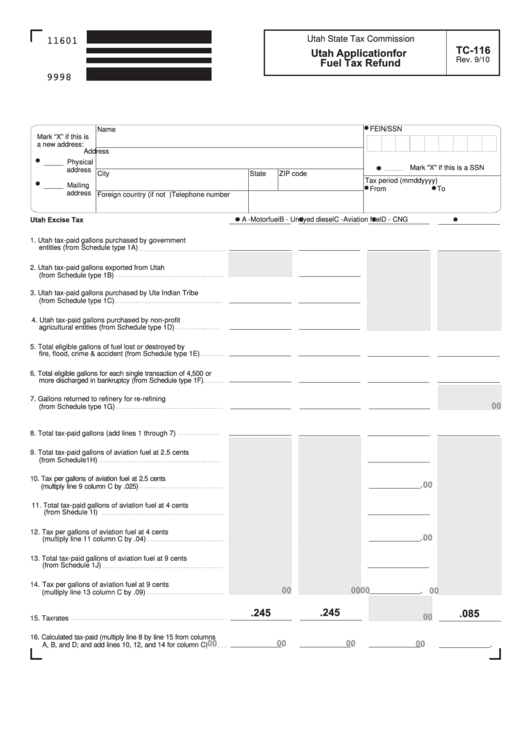 Fillable Form Tc-116 - Utah Application For Fuel Tax Refund Printable pdf