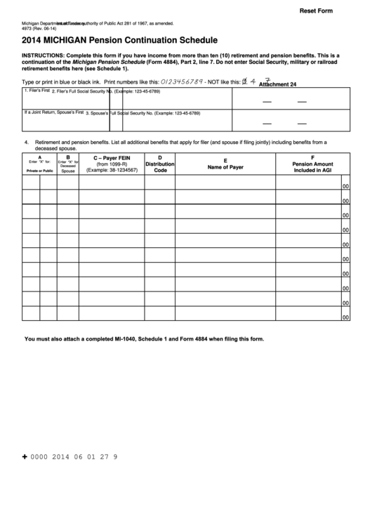 Fillable Form 4973 - Michigan Pension Continuation Schedule - 2014 Printable pdf