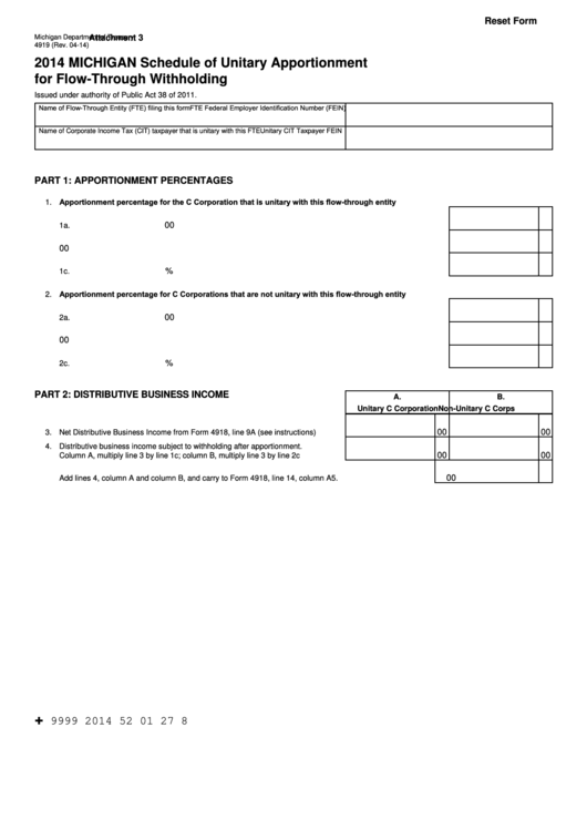 Fillable Form 4919 - Michigan Schedule Of Unitary Apportionment For Flow-Through Withholding - 2014 Printable pdf