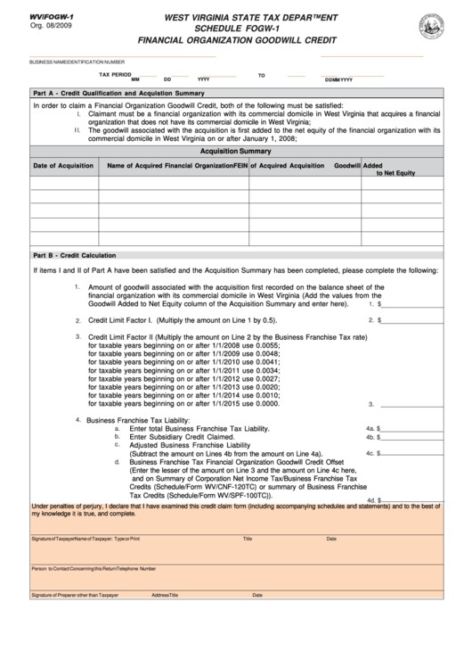 Fillable Schedule Wv/fogw-1 - Funancial Organization Goodwill Credit Printable pdf