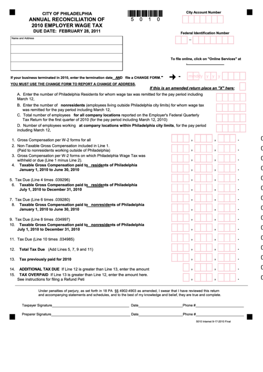 Annual Reconciliation Of Employer Wage Tax - City Of Philadelphia - 2010 Printable pdf