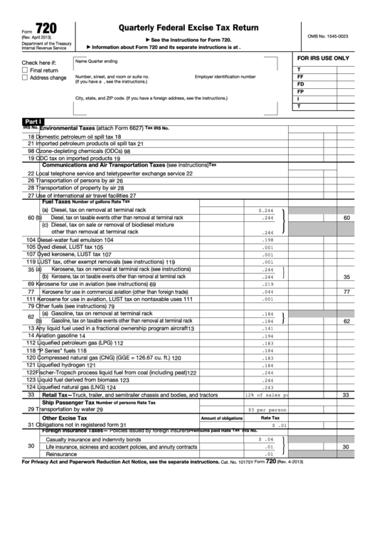 Fillable Form 720 - Quarterly Federal Excise Tax Return Printable pdf