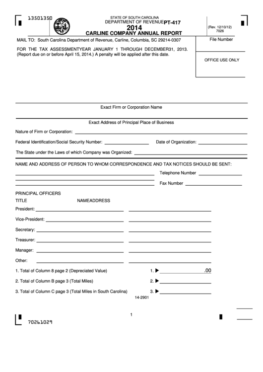 Form Pt-417 - Carline Company Annual Report - 2014 Printable pdf