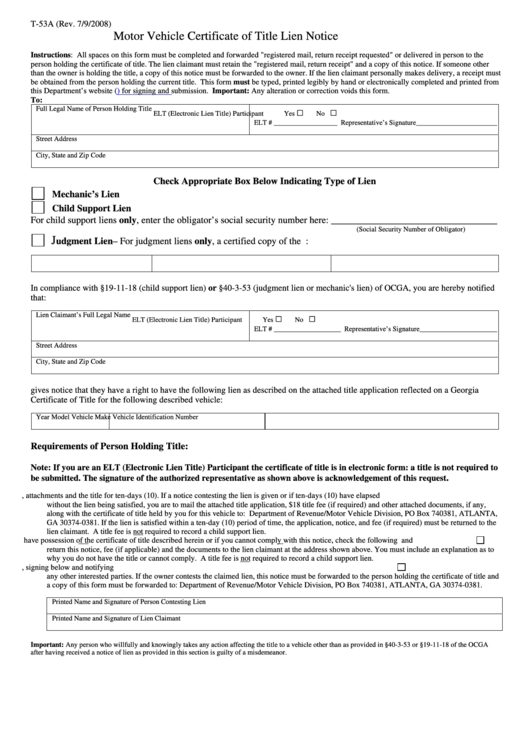 Fillable Form T-53a - Motor Vehicle Certificate Of Title Lien Notice Printable pdf