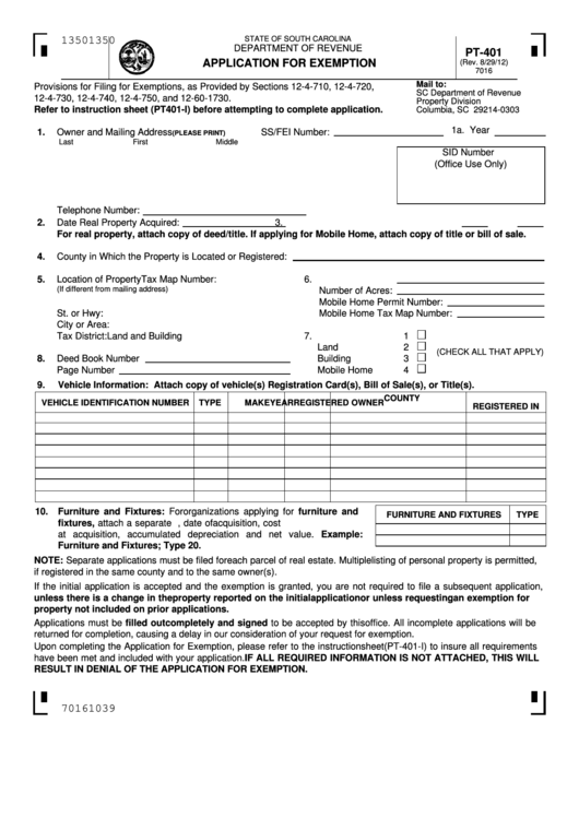 Form Pt-401 - Application For Exemption Printable pdf