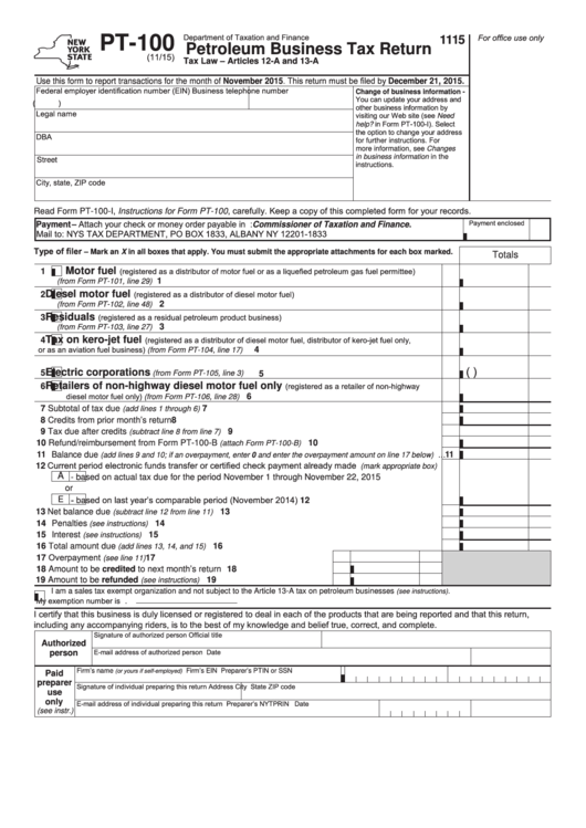 Form Pt-100 - Petroleum Business Tax Return Printable pdf