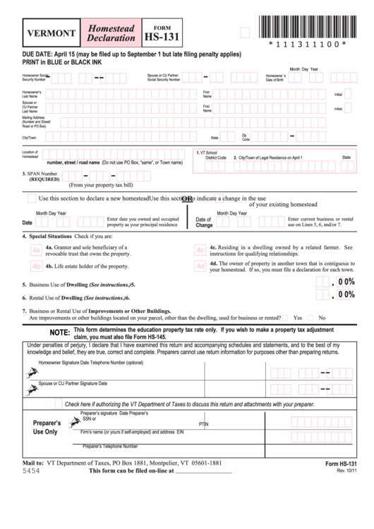 Form Hs-131 - Vermont Homestead Declaration Printable pdf