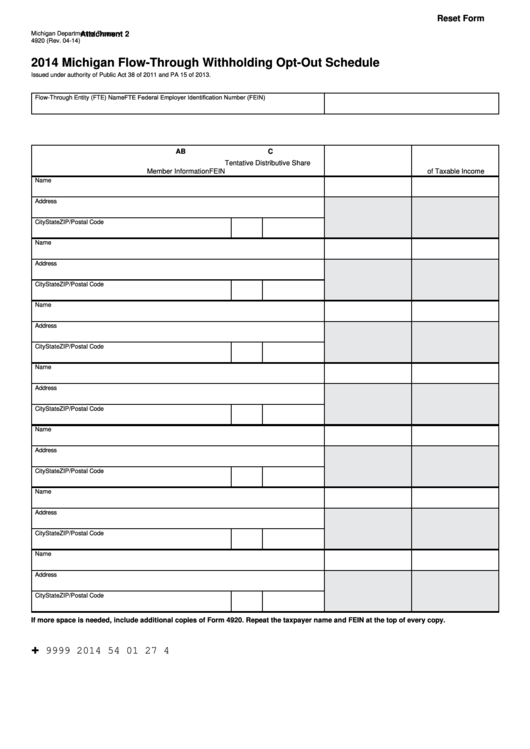 Fillable Form 4920 - Michigan Flow-Through Withholding Opt-Out Schedule - 2014 Printable pdf