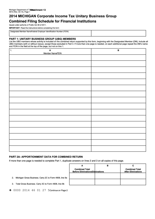 Form 4910 - Michigan Corporate Income Tax Unitary Business Group Combined Filing Schedule For Financial Institutions - 2014 Printable pdf