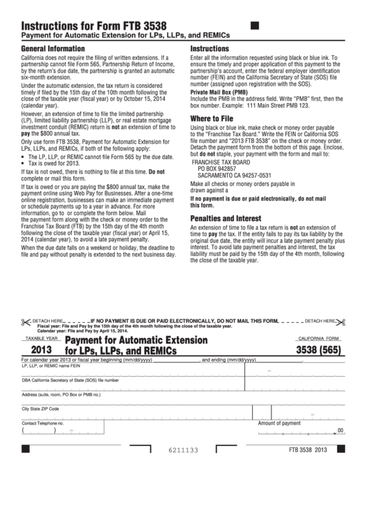 California Form 3538 - Payment For Automatic Extension For Lps, Llps, And Remics - 2013 Printable pdf