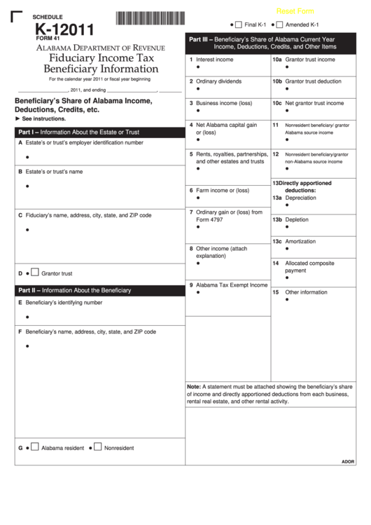 Fillable Form 41 - Schedule K-1 - Fiduciary Income Tax Beneficiary Information - 2011 Printable pdf