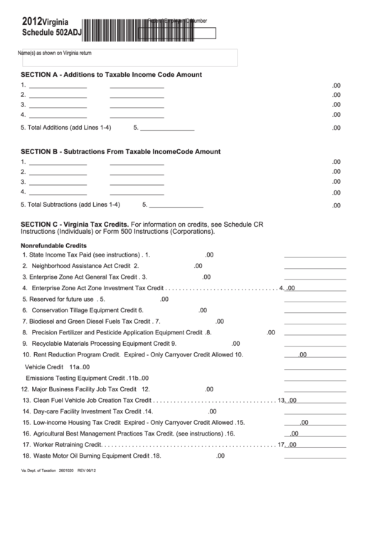 Fillable Virginia Schedule 502adj - 2012 Printable pdf