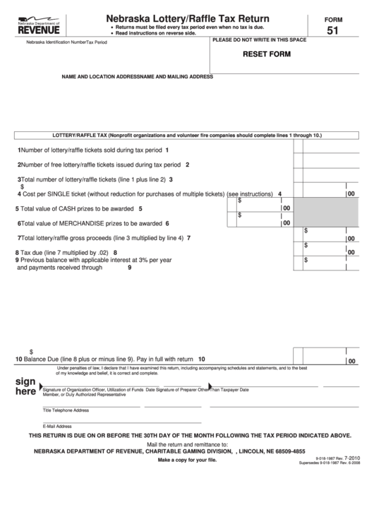 Fillable Form 51 - Nebraska Lottery/raffle Tax Return Printable pdf
