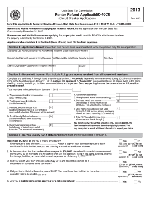 Fillable Form Tc-40cb - Renter Refund Application (Circuit Breaker Application) - 2013 Printable pdf