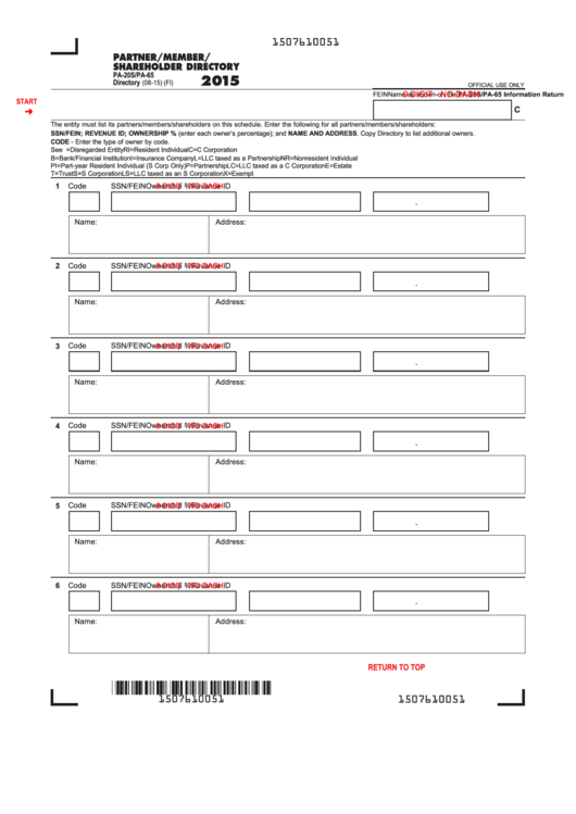 Fillable Form Pa-20s/pa-65 - Partner/member/ Shareholder Directory - 2015 Printable pdf