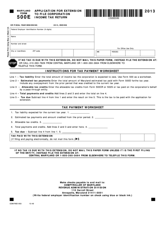 Fillable Maryland Form 500e - Application For Extension To File Corporation Income Tax Return - 2013 Printable pdf