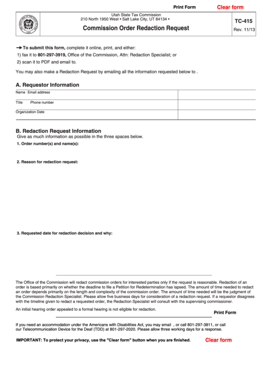 Fillable Form Tc-415 - Commission Order Redaction Request Printable pdf