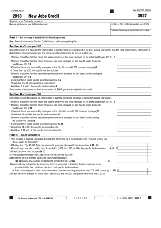 Fillable California Form 3527 - New Jobs Credit - 2013 Printable pdf