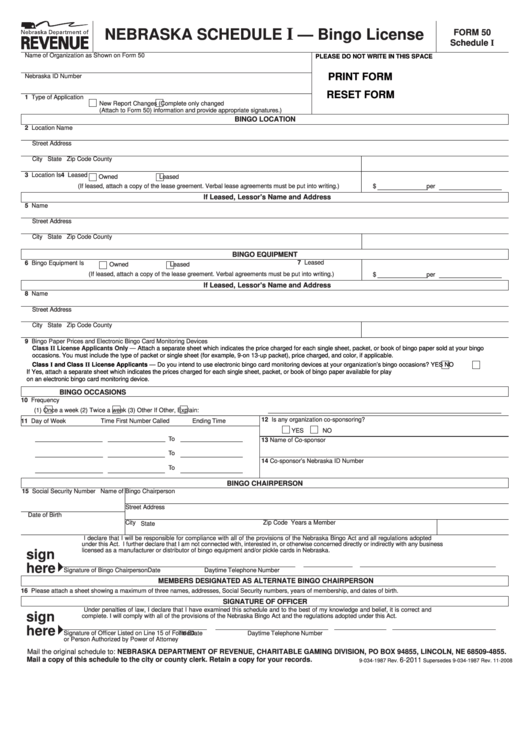 Fillable Form 50 - Nebraska Schedule I - Bingo License Printable pdf